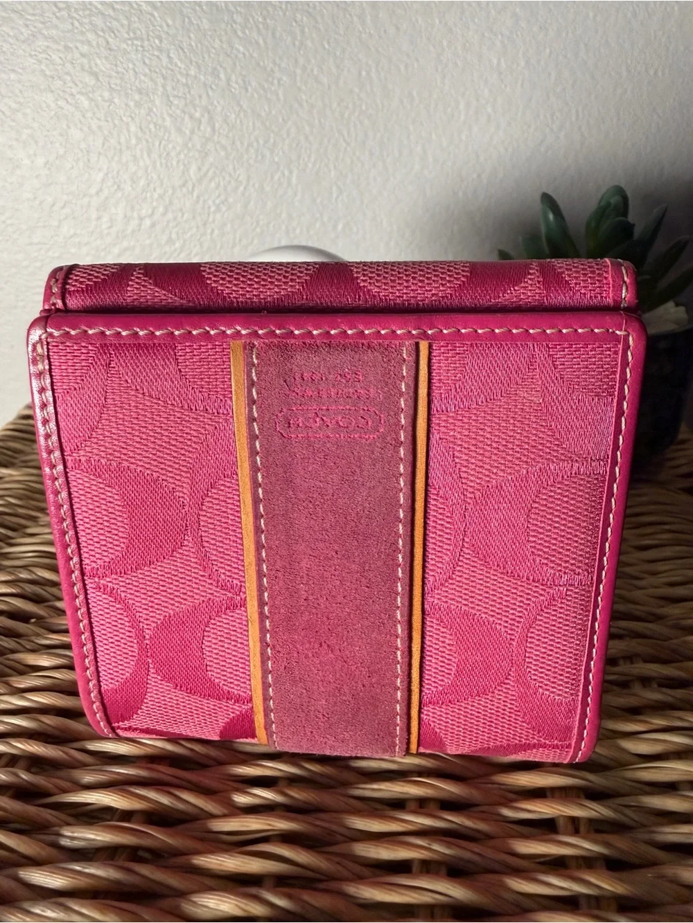 Vintage Coach Pink Signature Canvas Compact Wallet with Stripe Detail